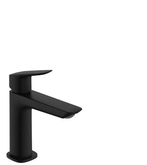 Schwarzer Einhebel-Waschtischmischer von Hansgrohe mit flachem Hebel und Zugstangen-Ablaufgarnitur. Klarer, minimalistischer Stil.